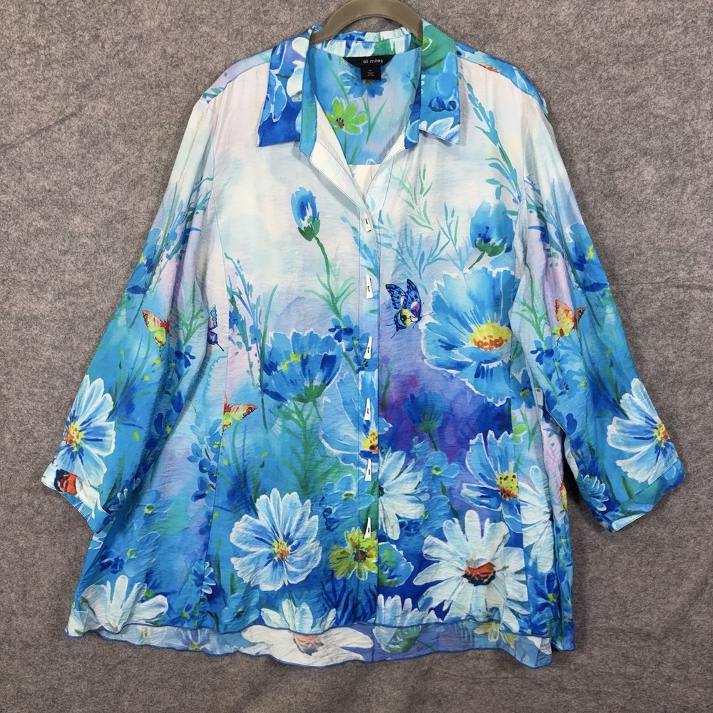Ali Miles Blouse Women XL Blue Floral Textured Lighweight Flowy Wearable Art